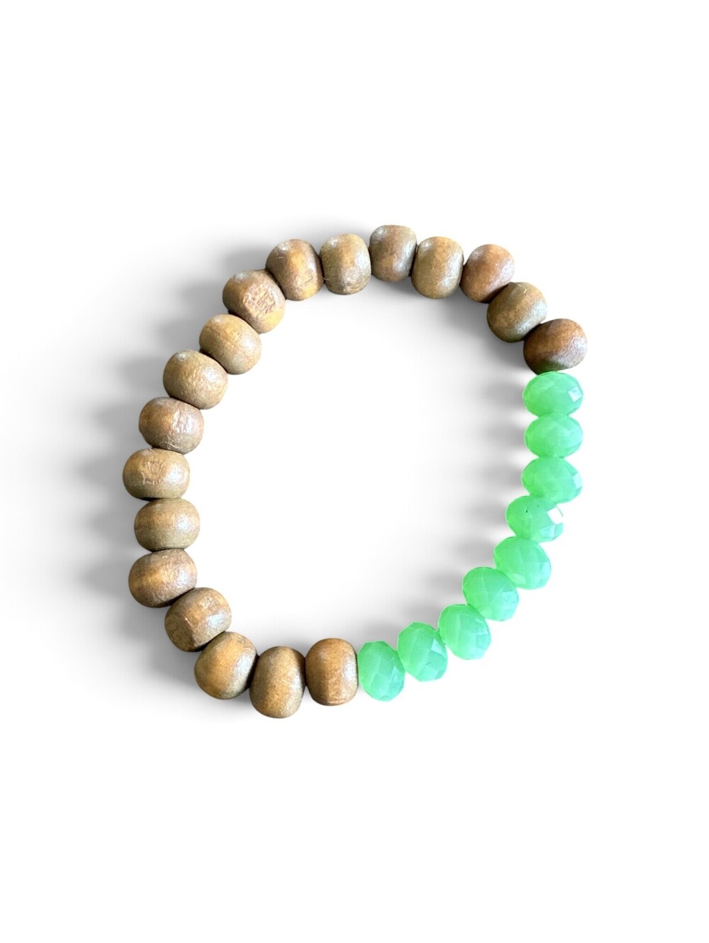 Wood Bead Stretch Bracelet Green Faceted Beads Boho Lightweight Jewelry
